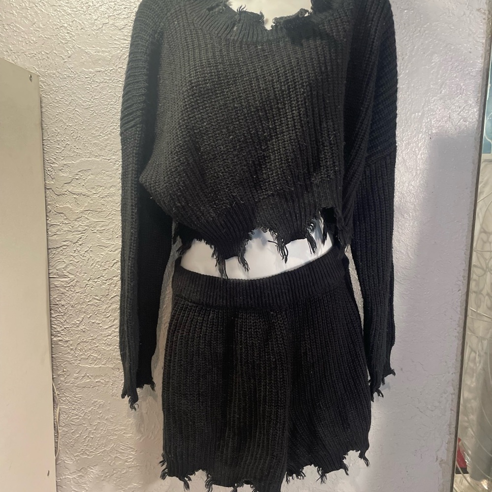 Distressed Black Knit Crop Sweater + Shorts Set